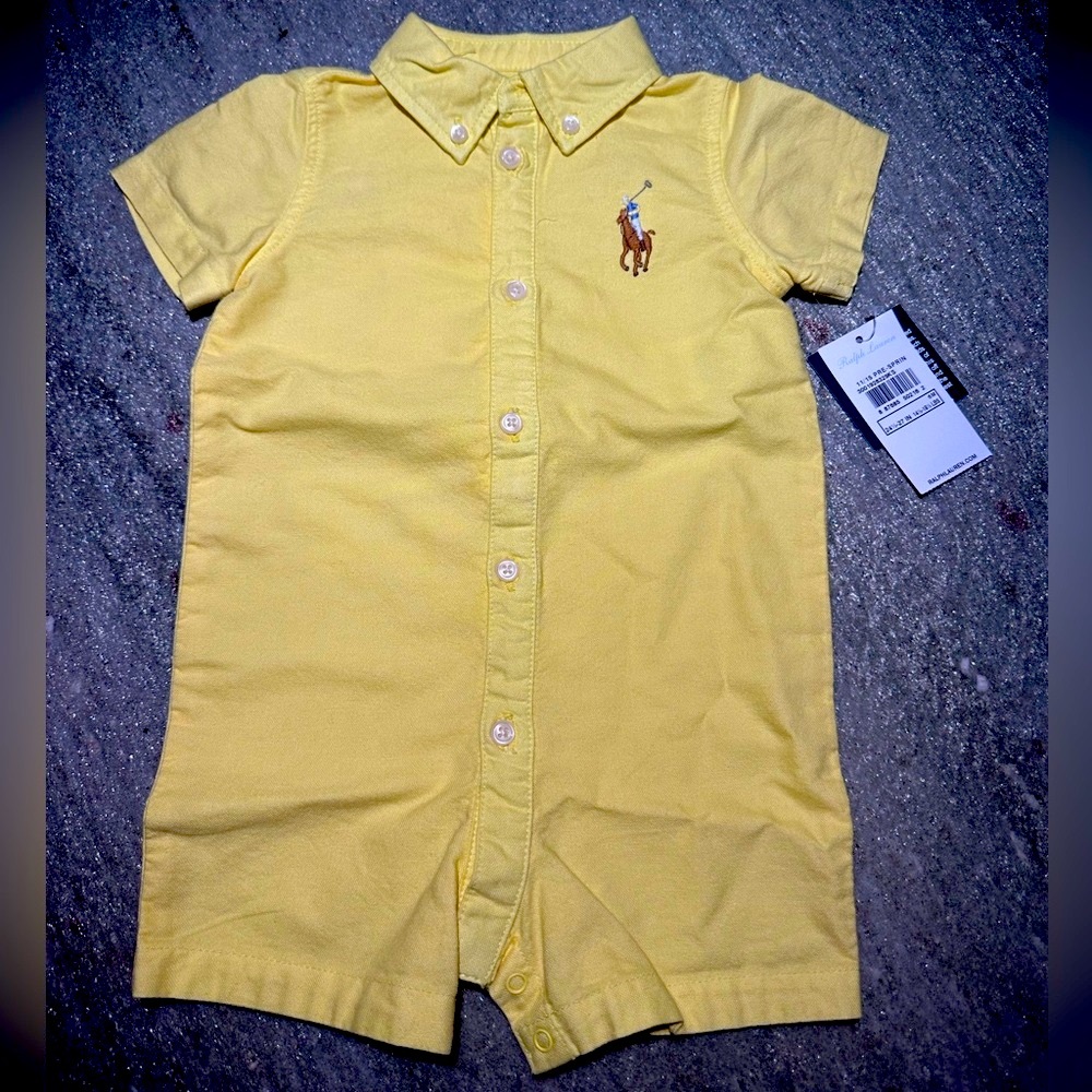 Ralph Lauren Cotton Oxford Baby Boy Romper (6 mo) - NEW + Gift Box
